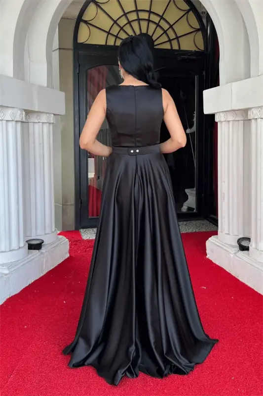 Satin Fabric Sleeveless Evening Dress - BLACK - 5