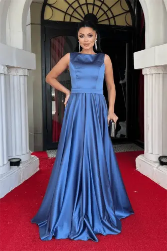 Satin Fabric Sleeveless Evening Dress - INDIGO BLUE - 1