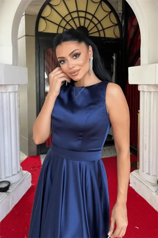Satin Fabric Sleeveless Evening Dress - NAVY BLUE - 3