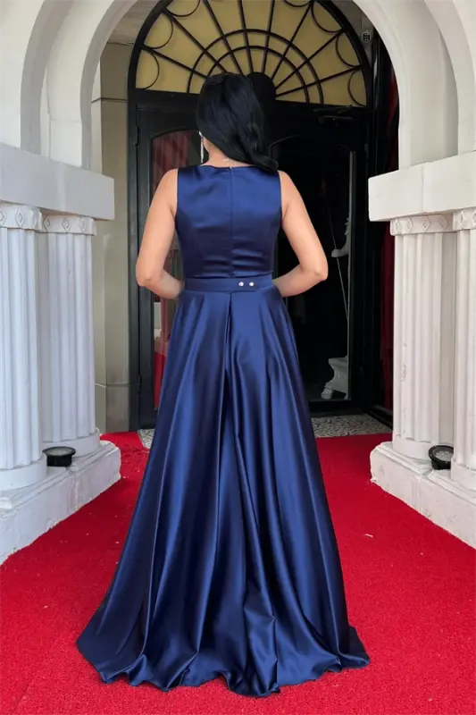 Satin Fabric Sleeveless Evening Dress - NAVY BLUE - 5