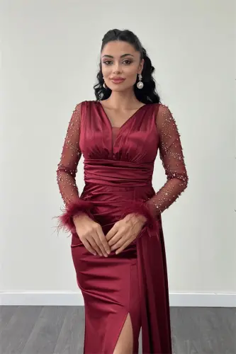 Satin Fabric Sleeves Ostrich Beaded Detail Fishtail Dress - BURGUNDY - 3