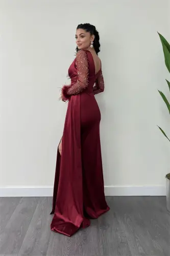 Satin Fabric Sleeves Ostrich Beaded Detail Fishtail Dress - BURGUNDY - 5