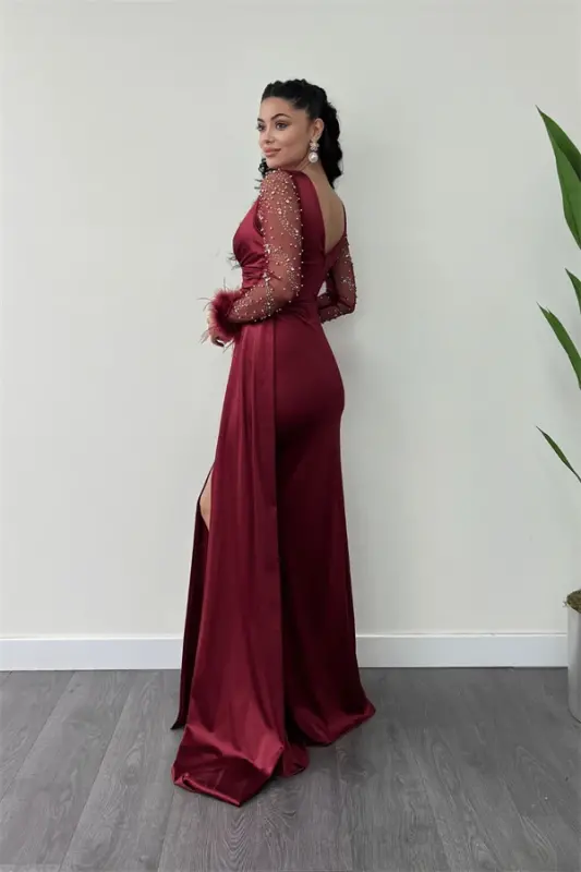 Satin Fabric Sleeves Ostrich Beaded Detail Fishtail Dress - BURGUNDY - 5
