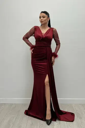 Satin Fabric Sleeves Ostrich Beaded Fish Dress - BORDEAUX-BORDEAUX - GIYIMMASALI (1)