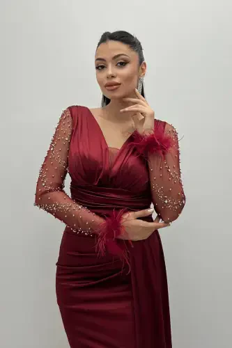 Satin Fabric Sleeves Ostrich Beaded Fish Dress - BORDEAUX-BORDEAUX - 3