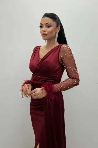 Satin Fabric Sleeves Ostrich Beaded Fish Dress - BORDEAUX-BORDEAUX - 4