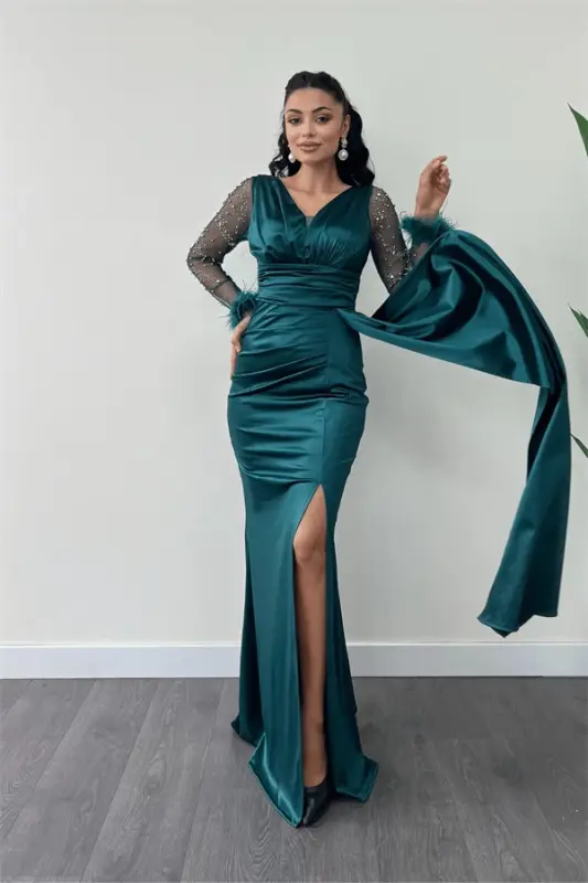 Satin Fabric Sleeves Ostrich Beaded Fish Dress - EMERALD GREEN - 5