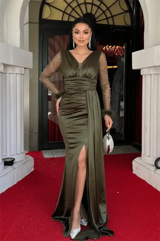 Satin Fabric Sleeves Ostrich Beaded Fishtail Dress - KHAKI GREEN - 1