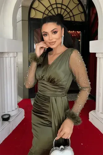 Satin Fabric Sleeves Ostrich Beaded Fishtail Dress - KHAKI GREEN - 3