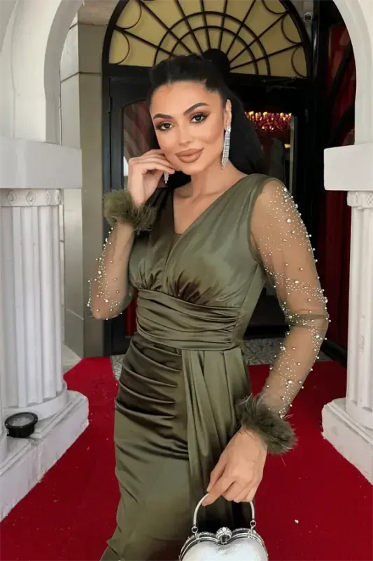 Satin Fabric Sleeves Ostrich Beaded Fishtail Dress - KHAKI GREEN - 3