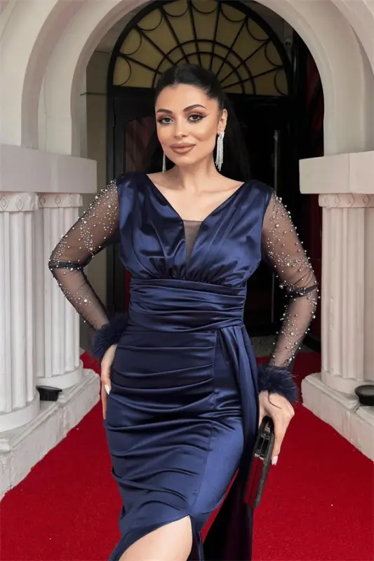 Satin Fabric Sleeves Ostrich Beaded Mermaid Dress - NAVY BLUE - 3