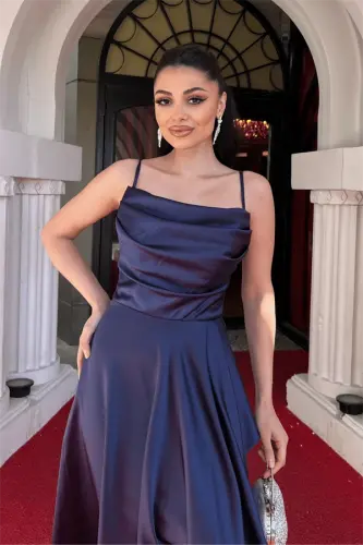 Satin Fabric Spaghetti Strap Asymmetric Dress - NAVY - 3
