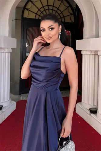 Satin Fabric Spaghetti Strap Asymmetric Dress - NAVY - 4