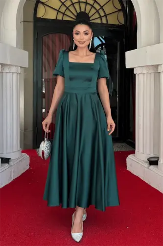Satin Fabric Square Neck Balloon Sleeve Midi Dress - EMERALD GREEN - 1
