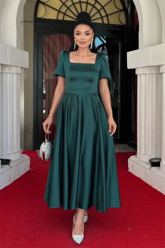 Satin Fabric Square Neck Balloon Sleeve Midi Dress - EMERALD GREEN - 1