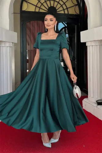 Satin Fabric Square Neck Balloon Sleeve Midi Dress - EMERALD GREEN - BÜYÜKBEDENIZ (1)