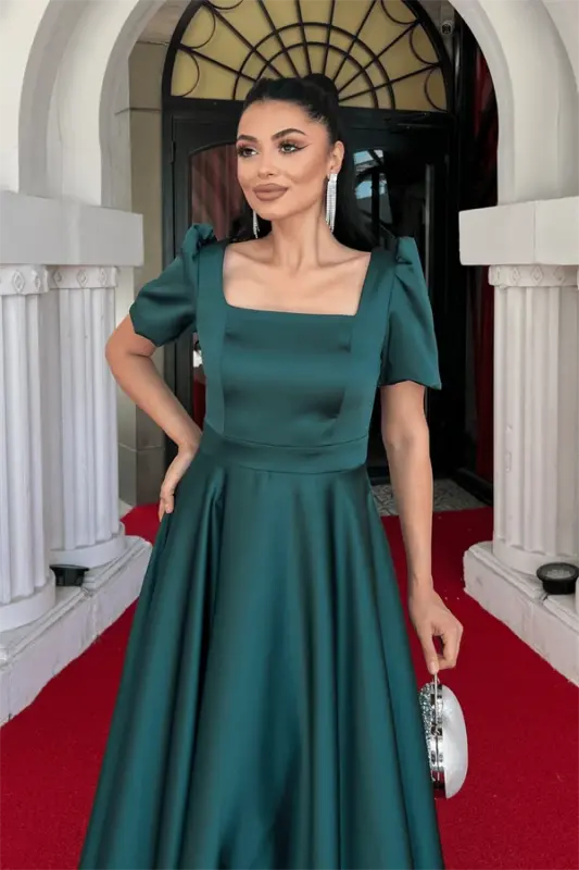 Satin Fabric Square Neck Balloon Sleeve Midi Dress - EMERALD GREEN - 3