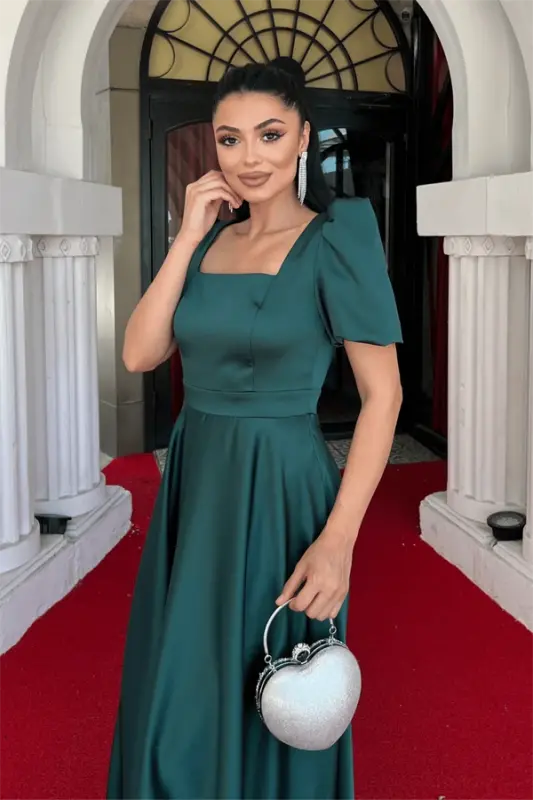 Satin Fabric Square Neck Balloon Sleeve Midi Dress - EMERALD GREEN - 4