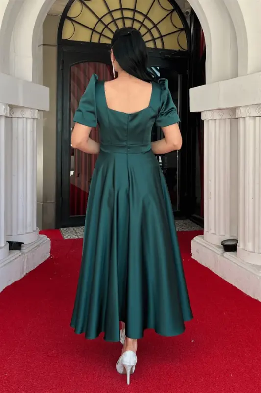 Satin Fabric Square Neck Balloon Sleeve Midi Dress - EMERALD GREEN - 5