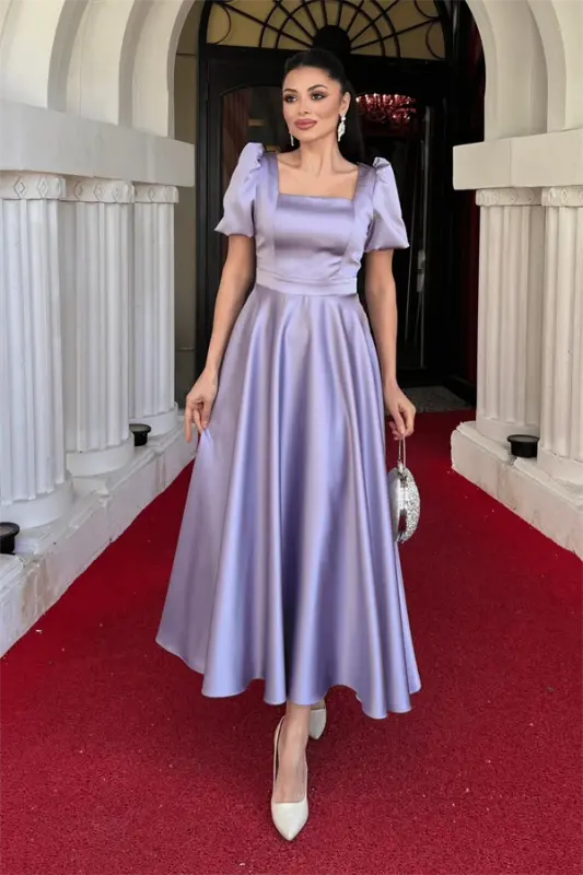 Satin Fabric Square Neck Balloon Sleeve Midi Dress - LILAC - 1