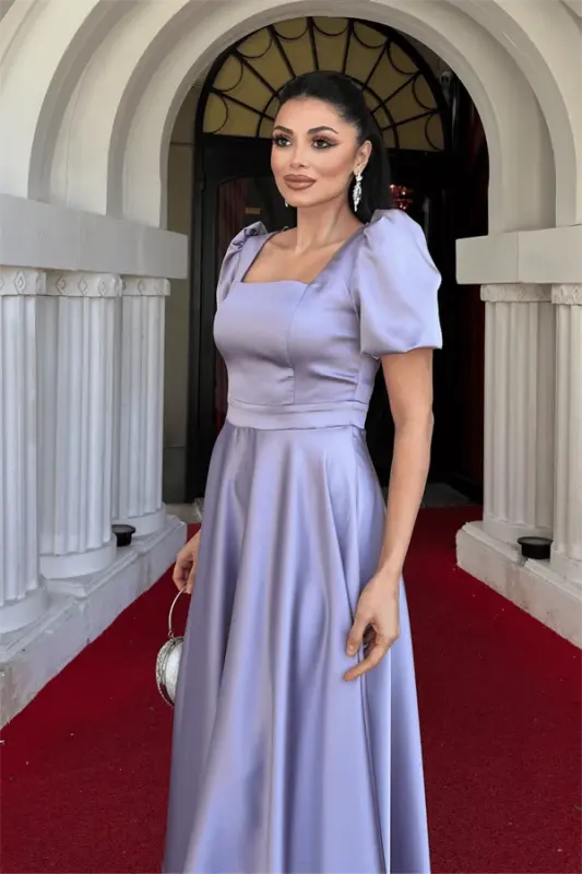 Satin Fabric Square Neck Balloon Sleeve Midi Dress - LILAC - 3