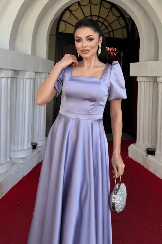 Satin Fabric Square Neck Balloon Sleeve Midi Dress - LILAC - 4