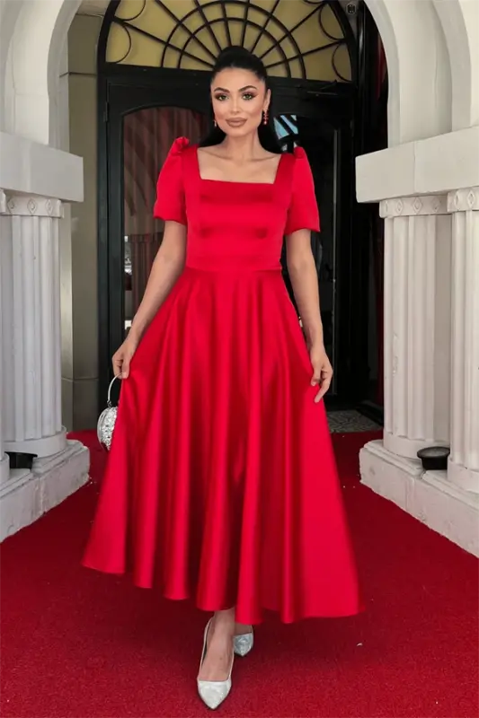 Satin Fabric Square Neck Balloon Sleeve Midi Dress - RED - 1