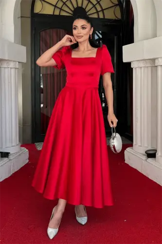 Satin Fabric Square Neck Balloon Sleeve Midi Dress - RED - BÜYÜKBEDENIZ (1)