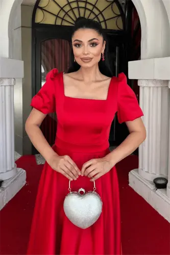 Satin Fabric Square Neck Balloon Sleeve Midi Dress - RED - 3