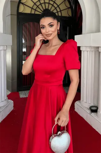 Satin Fabric Square Neck Balloon Sleeve Midi Dress - RED - 4