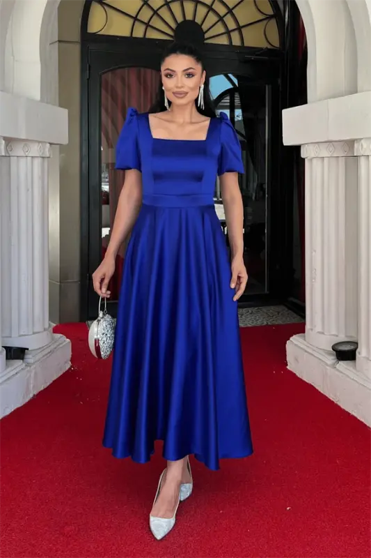 Satin Fabric Square Neck Balloon Sleeve Midi Dress - SAPPHIRE BLUE - BÜYÜKBEDENIZ