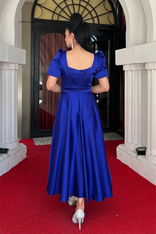 Satin Fabric Square Neck Balloon Sleeve Midi Dress - SAPPHIRE BLUE - 5