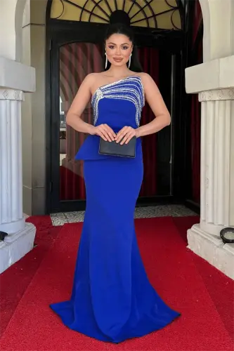 Satin Fabric Stone Detailed Evening Dress - ROYAL BLUE - 1