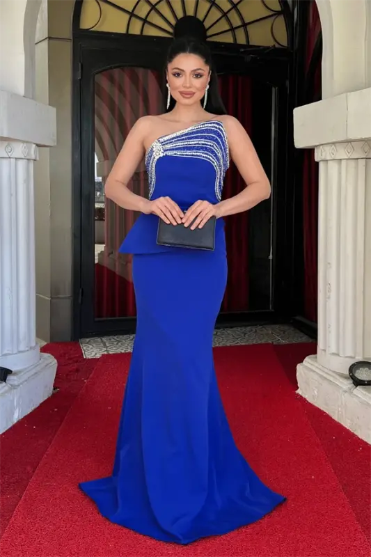 Satin Fabric Stone Detailed Evening Dress - ROYAL BLUE - 1