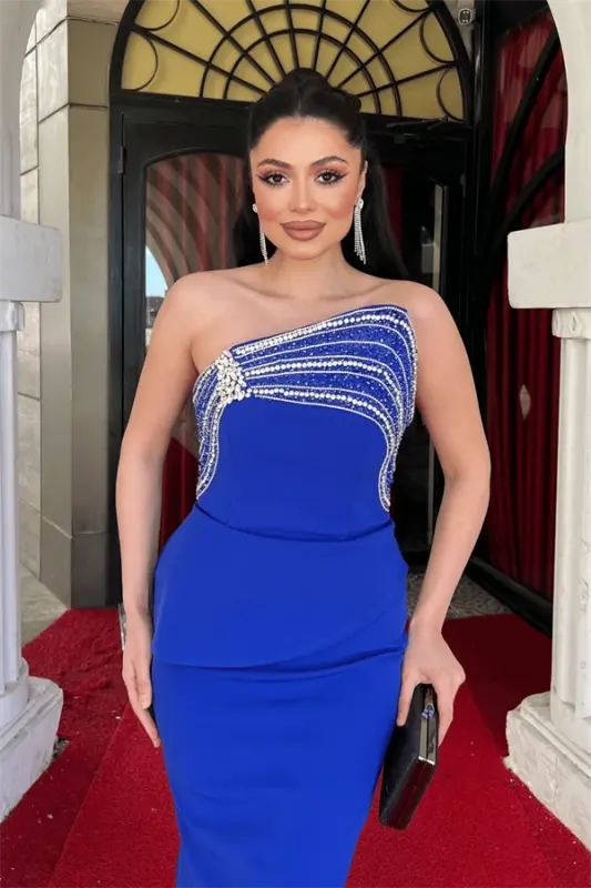 Satin Fabric Stone Detailed Evening Dress - ROYAL BLUE - 4