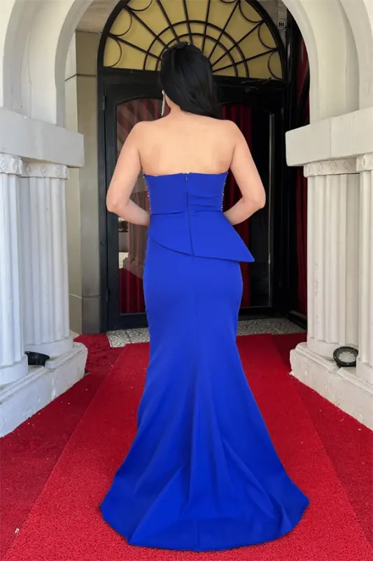 Satin Fabric Stone Detailed Evening Dress - ROYAL BLUE - 5