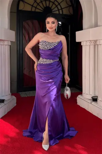 Satin Fabric Stone Detailed Ruched Evening Dress - PURPLE - 1