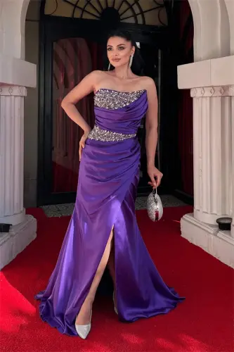 Satin Fabric Stone Detailed Ruched Evening Dress - PURPLE - BÜYÜKBEDENIZ (1)