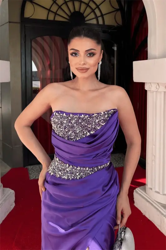 Satin Fabric Stone Detailed Ruched Evening Dress - PURPLE - 4