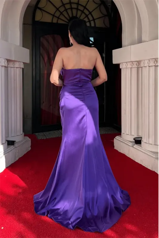 Satin Fabric Stone Detailed Ruched Evening Dress - PURPLE - 5