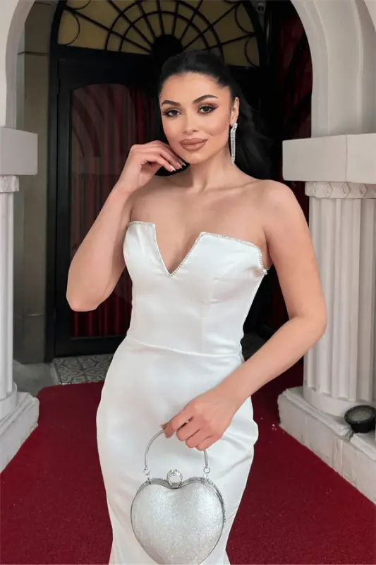 Satin Fabric Stone Detailed Strapless Evening Dress - WHITE - 3