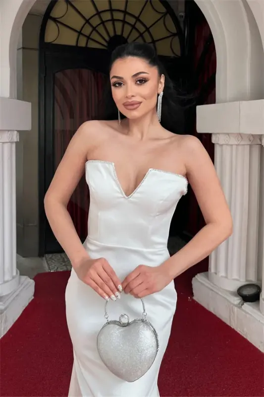 Satin Fabric Stone Detailed Strapless Evening Dress - WHITE - 4
