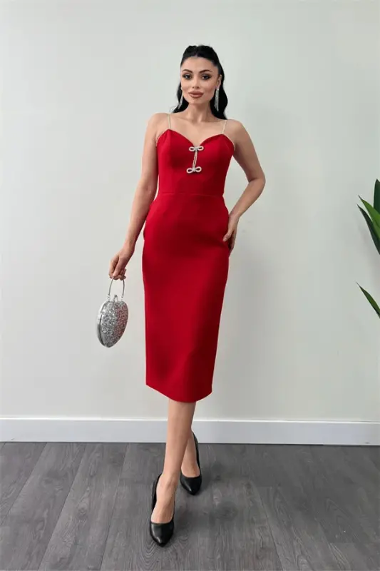 Satin Fabric Strap Sequin Detail Pencil Dress - RED - 1