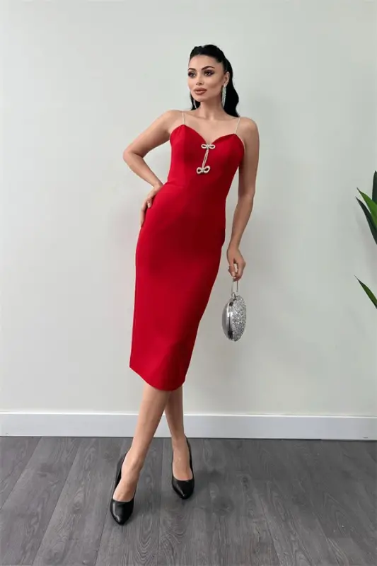 Satin Fabric Strap Sequin Detail Pencil Dress - RED - 2