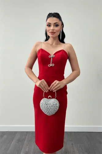 Satin Fabric Strap Sequin Detail Pencil Dress - RED - 3