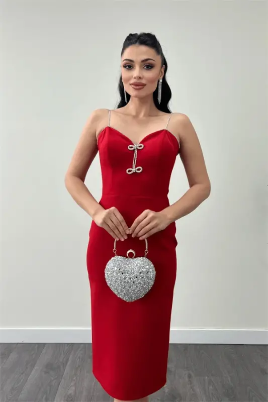 Satin Fabric Strap Sequin Detail Pencil Dress - RED - 3