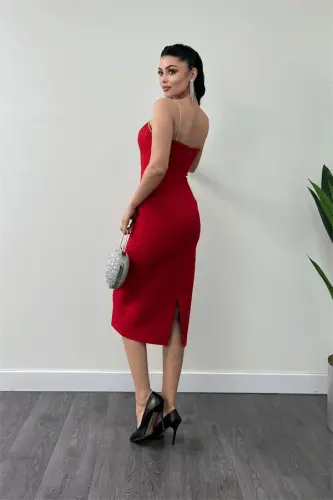 Satin Fabric Strap Sequin Detail Pencil Dress - RED - 5