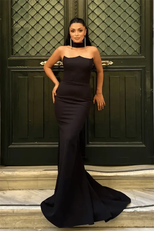 Satin Fabric Strapless Evening Dress with Shawl Detail - BLACK - 1