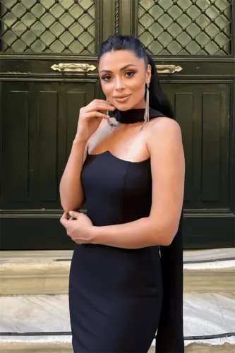 Satin Fabric Strapless Evening Dress with Shawl Detail - BLACK - 3