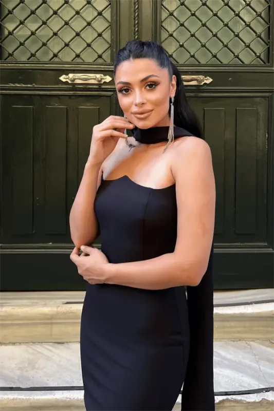 Satin Fabric Strapless Evening Dress with Shawl Detail - BLACK - 3